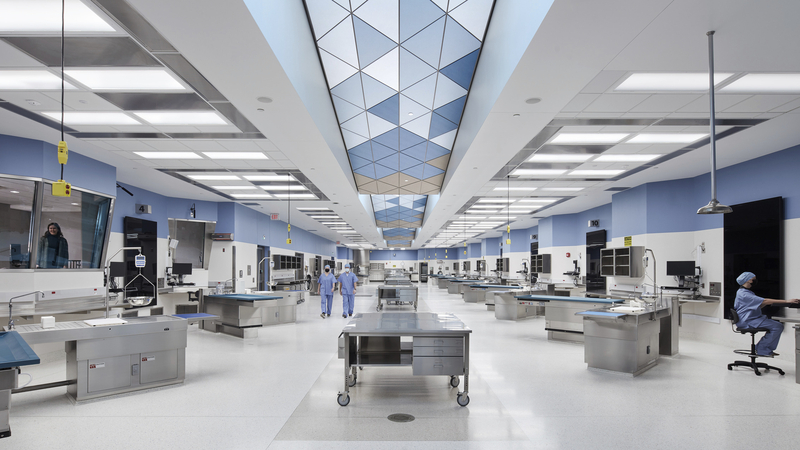 The lab sapce of the hennepin County Medical Examiner facility featured dual-purpose lighting design for work and wellness