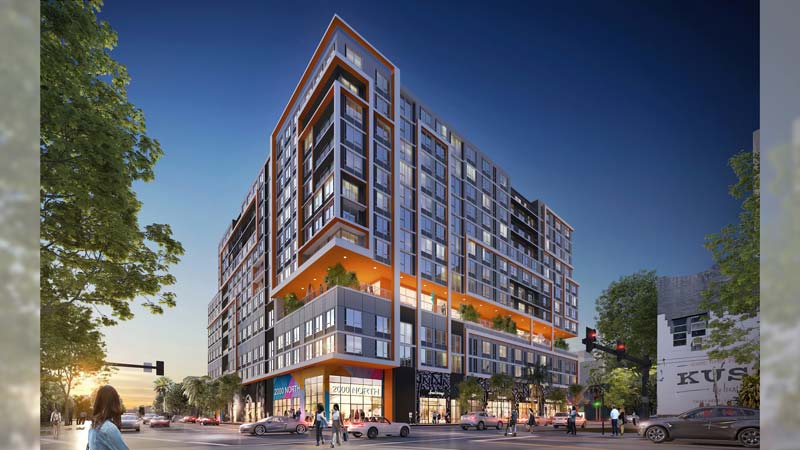 Evening rendering of 2000 North Miami Avenue shows the multi-use development in the Wynwood district of Miami