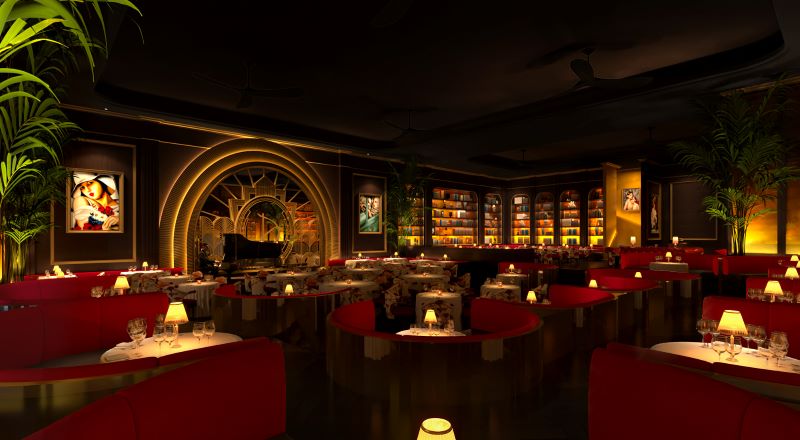 A rendering of a dimly lit lounge with red chairs.