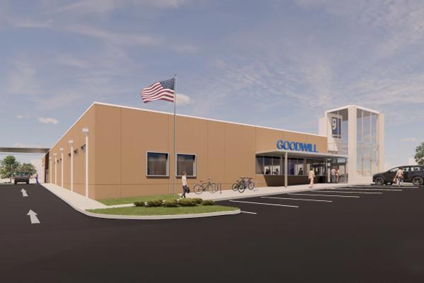 A rendering of a Goodwill Retail store with a donation drive through and entrance.
