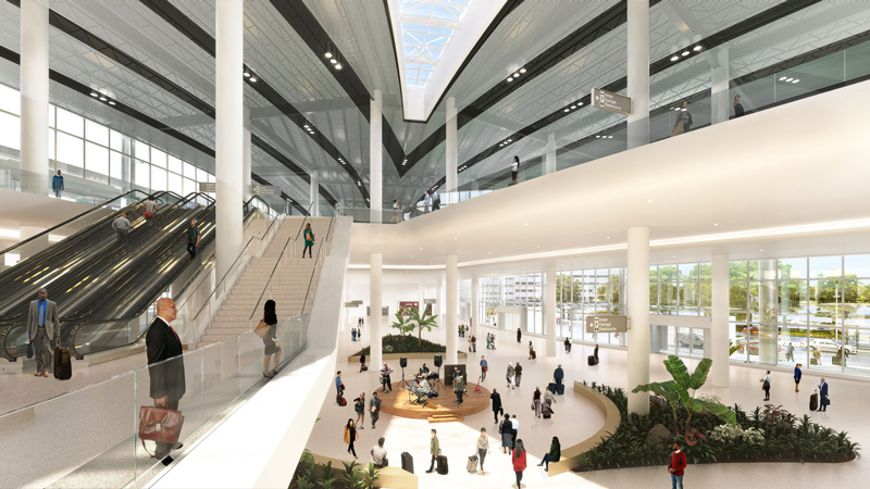 Interior rendering of New Orleans International Airport with performance space, skylight and escalators