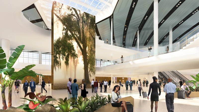 Rendering of interior of New Orleans International Airport with large tree print and skylight