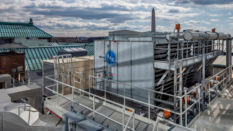 Mechanical systems on the roof of the Corcoran School of the Arts & Design with Washington Monument