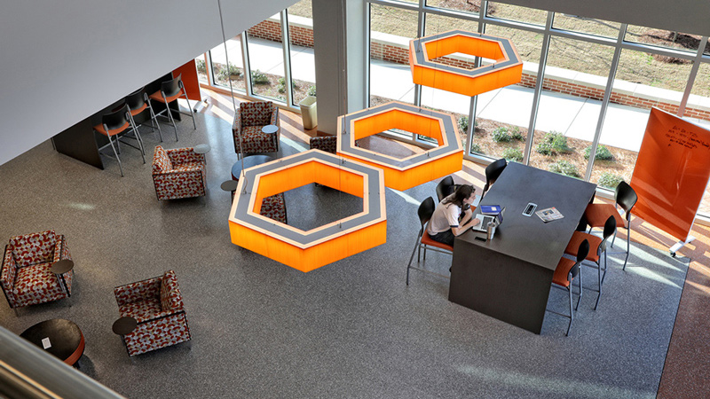 Collaboration space at Mercer University Godsey science center, designed by LEO A DALY