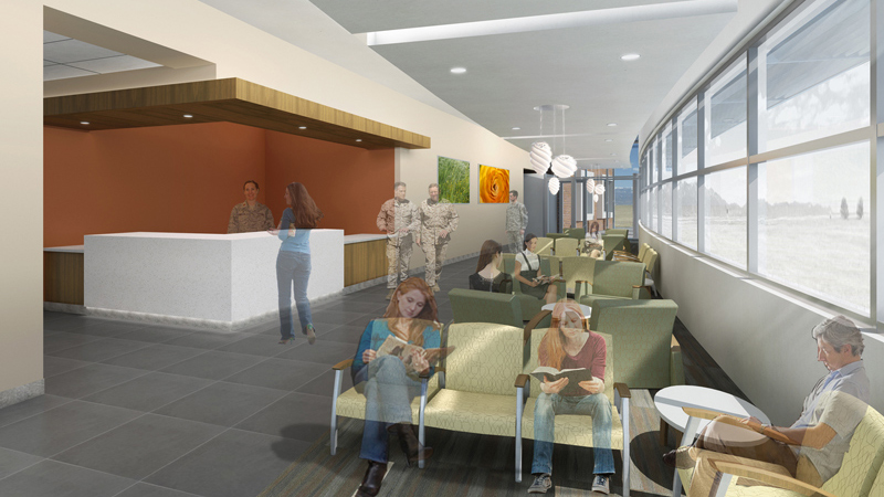 Waiting area VA Omaha ambulatory care clinic, designed by LEO A DALY