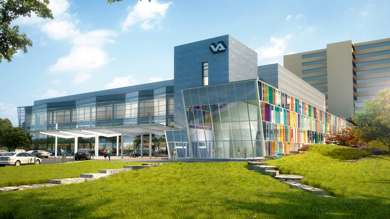 Exterior rendering of VA Omaha ambulatory care clinic, designed by LEO A DALY