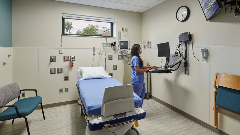 Interior photo of a cardiac procedure recovery room in St. John's Hospital
